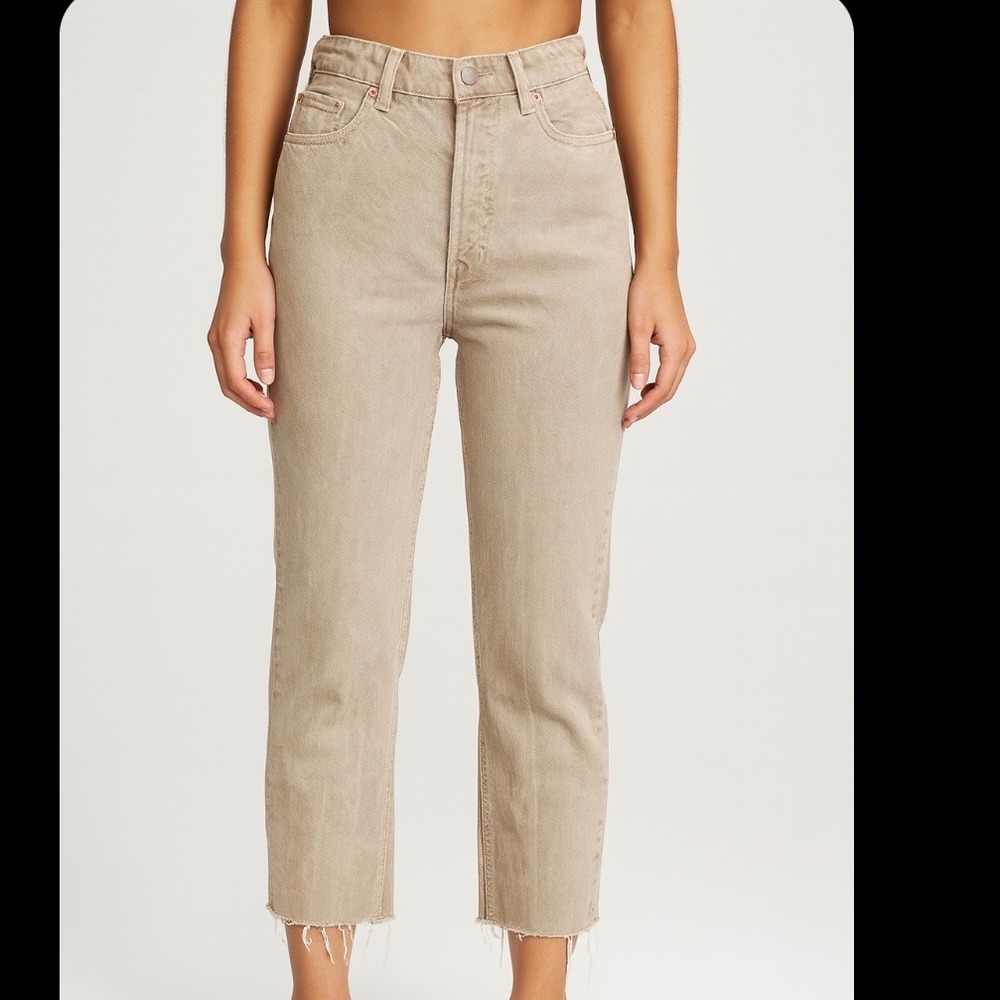 MNG Denim Havana Straight Leg Crop Jeans Tan Raw Hem Button Fly‎ Women Size 8